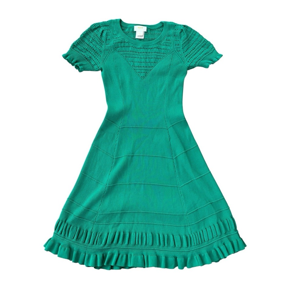 Anthropologie Maeve Green Promenade Pointelle Fit Flare Ruffle Hem Dress, Med